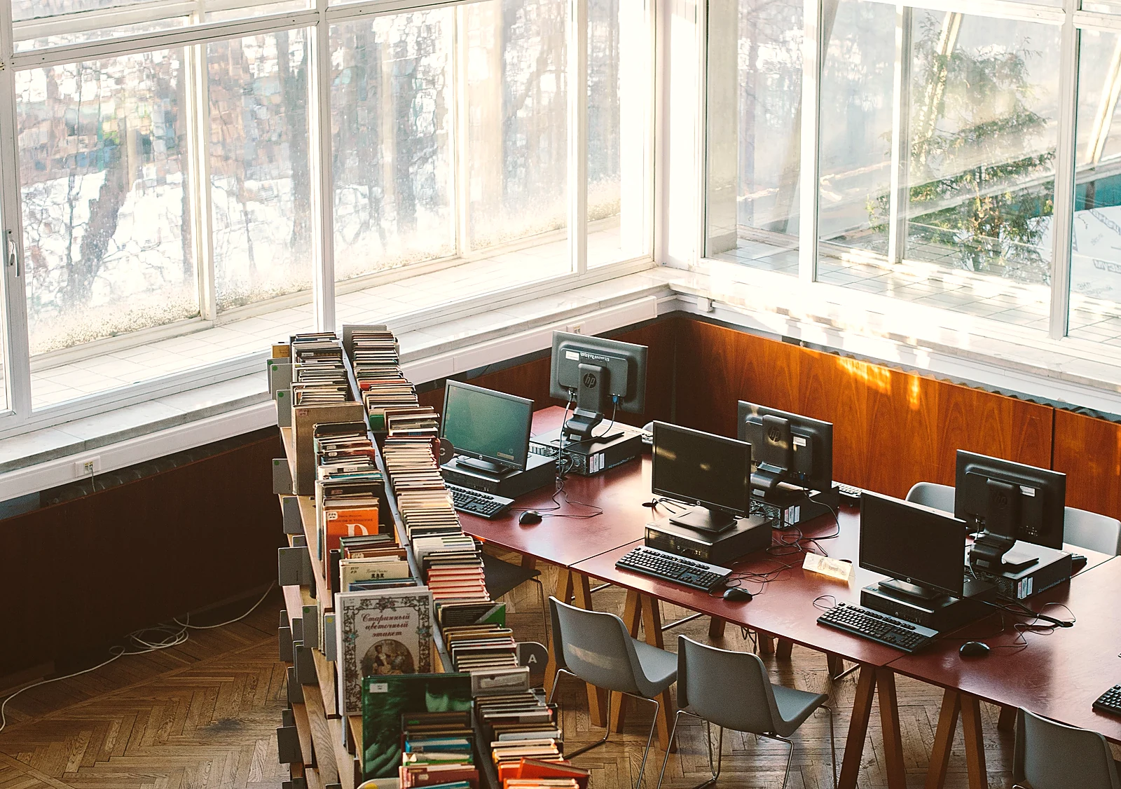 Sunlit reading room with shelves of books and quiet workspaces—the Public Library
